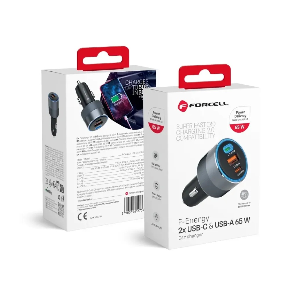 Forcell auto adapter F-Energy 2 x USB C + USB 65W