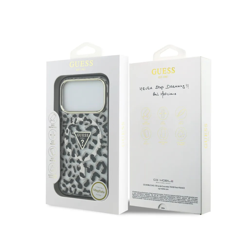 Guess maska MagSafe Leopard Glitter Triangle Logo