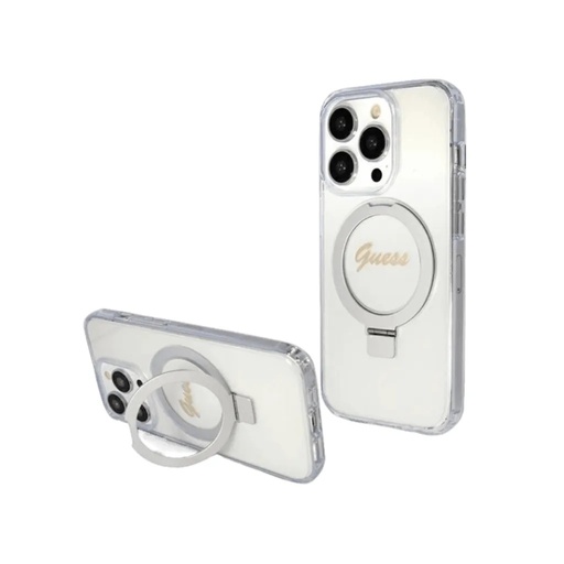 Guess Phone Case MagSafe Ring Stand Glitter (iPhone 15 Plus, transparent)