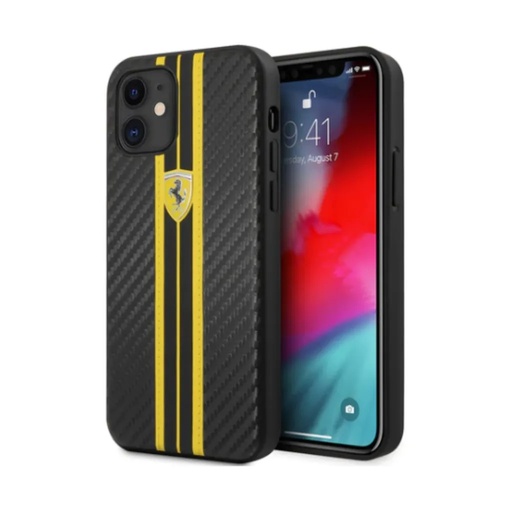 Ferrari Phone Case Carbon Effect Yellow Stripes (iPhone 12 Mini, black)