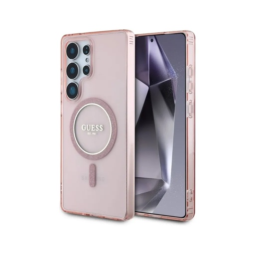 Guess maska MagSafe Glitter Ring Classic Logo (Samsung S25 Ultra, ružičasto)