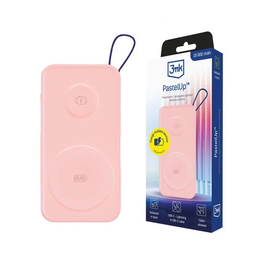 3mk power bank PastelUp 10000mAh USB 1A1C (pink, 10000 mAh)