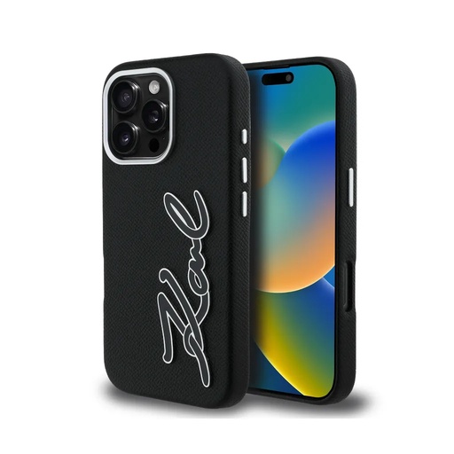 Karl Lagerfeld Phone Case Grained Resin Signature Logo (iPhone 16 Pro, black)