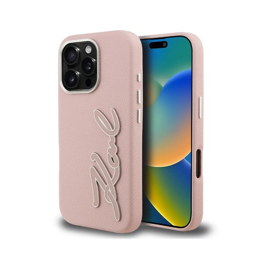 Karl Lagerfeld Phone Case Grained Resin Signature Logo (iPhone 16 Pro Max, pink)