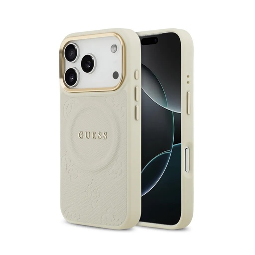 Guess Phone Case MagSafe Hot Stamp Peony Pattern Camera Frame (iPhone 17 Pro, beige)