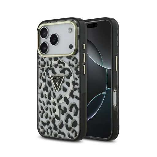 Guess Phone Case MagSafe Leopard Glitter Triangle Logo (iPhone 17 Pro, black)