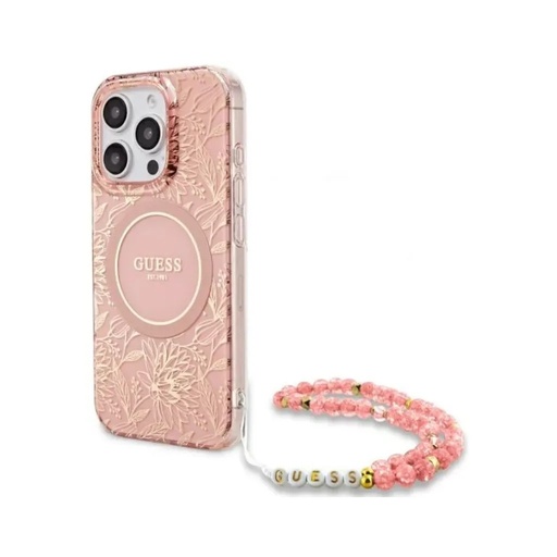Guess maska MagSafe Electroplated Flowers Beads Strap (iPhone 17 Pro, ružičasto)