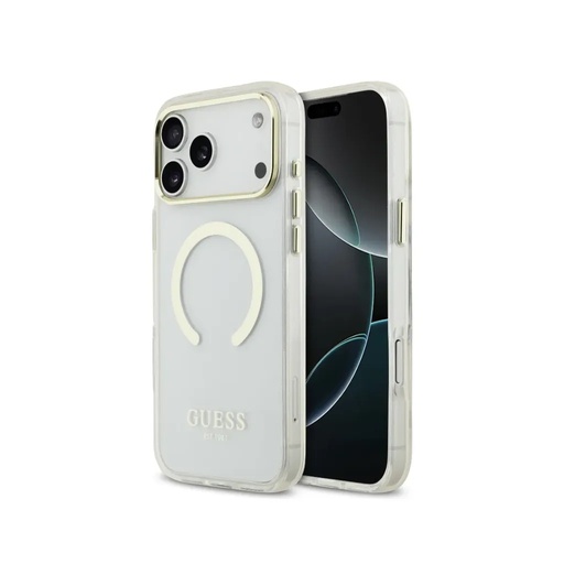 Guess Phone Case MagSafe Gold Outline & Logo (iPhone 17 Pro, transparent)