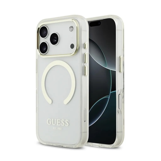 Guess Phone Case MagSafe Gold Outline & Logo (iPhone 17 Pro Max, transparent)