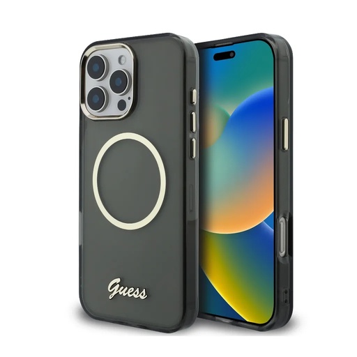 Guess maska MagSafe Script Logo & Camera Frame (iPhone 16 Pro Max, crno)